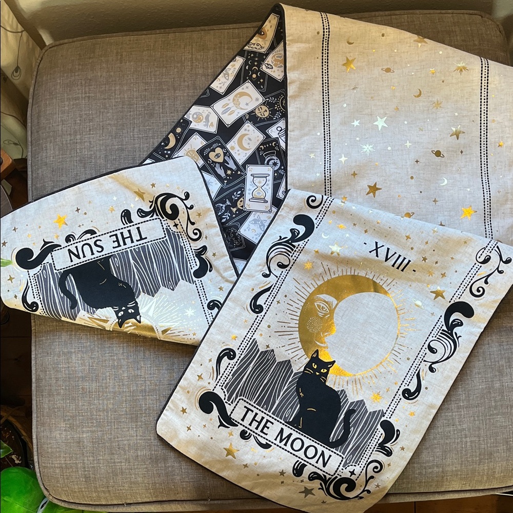 Celestial Table Runner Moon Sun Black Cat Neutral Tarot Magic